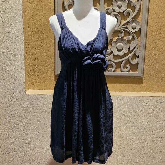 Frisky S Navy Sleeveless Mini Dress Empire Waist Rosette Boho Cottagecore Y2K - Picture 3 of 12